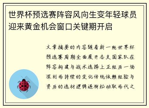 世界杯预选赛阵容风向生变年轻球员迎来黄金机会窗口关键期开启